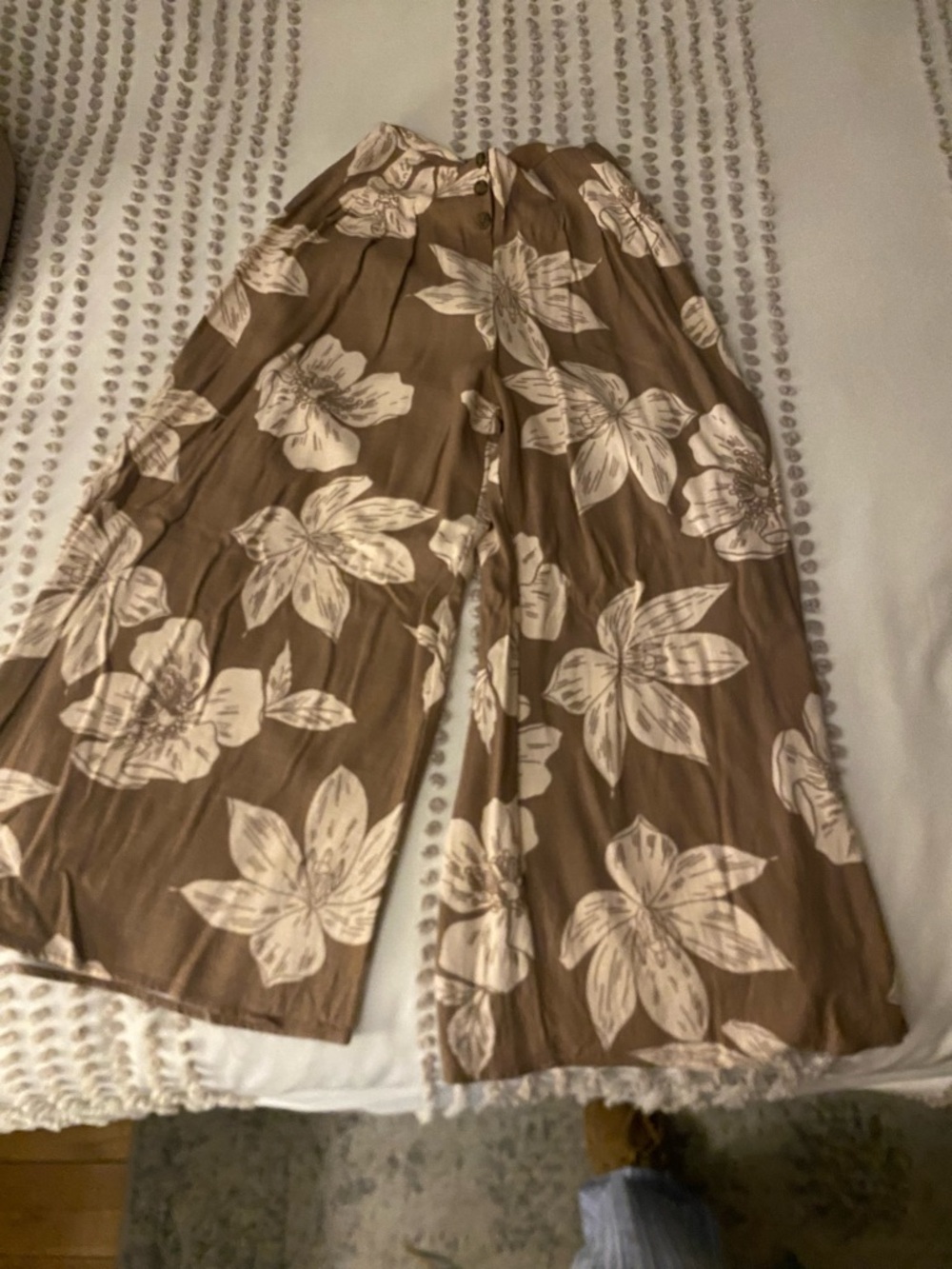 Sienna Sky Brown Wide-Leg Floral Pants with Cream Blooms